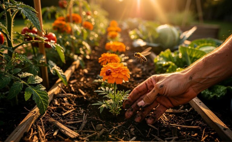 Illustration von Ringelblumen im Gemüsegarten, die Schädlinge natürlich fernhalten und den Boden verbessern