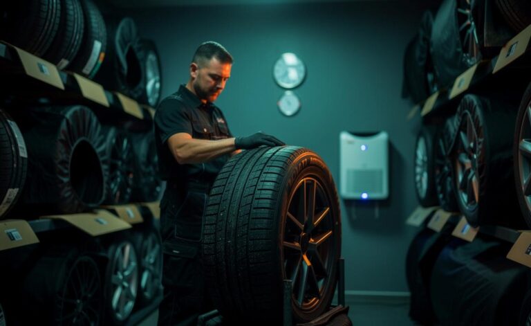 Illustration von fachgerechter Lagerung von Autoreifen in einem dunklen, kühlen Raum auf Reifenregalen, mit atmungsaktiven Hüllen, kontrollierter Luftfeuchte und Temperatur sowie Anleitung durch einen Reifen-Spezialisten